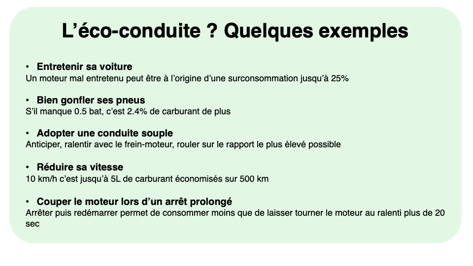 Figure 2. Exemples d'application d'une conduite éco-responsable, c'est à dire économique, écologique et sûre. Issu de l'Association Prévention Routière. Figure 2. Exemples d'application d'une conduite éco-responsable, c'est à dire économique, écologique et sûre. Issu de l'Association Prévention Routière.